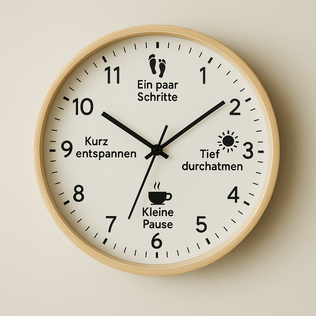 Analoge Uhr mit handschriftlichen Impulsen für Selbstfürsorge und Achtsamkeit im Alltag