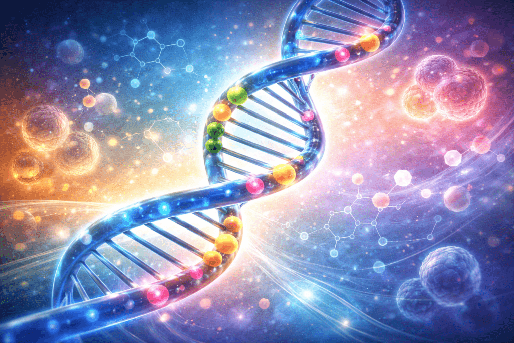 Darstellung der Epigenetik: Die DNA-Struktur mit sichtbaren Aktivitätsmarkierungen symbolisiert, wie Umwelt und Ernährung die Genregulation beeinflussen